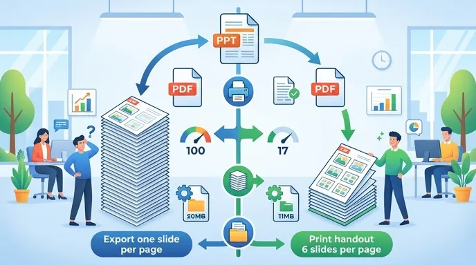 Infographic comparing two PPT to PDF methods: export one slide per page versus print handout 6 slide