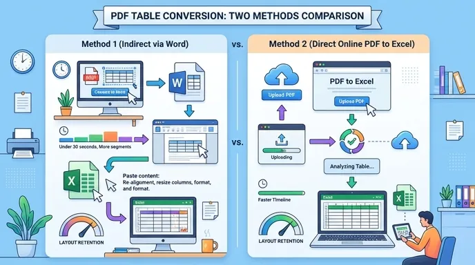 Infographic comparing two PDF table conversion methods: PDF to Word to Excel versus direct online PD