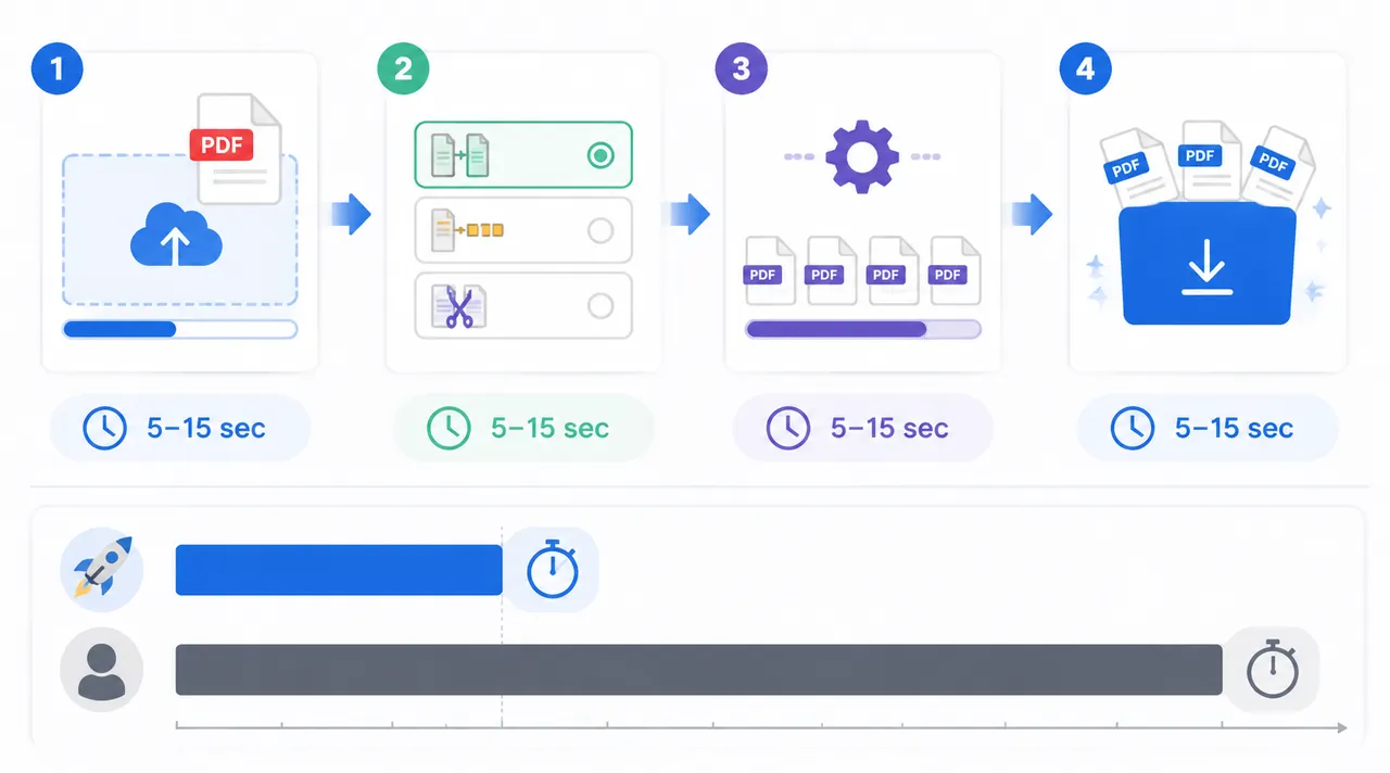 Clean infographic showing an online PDF split workflow with four steps: upload, choose split mode, g
