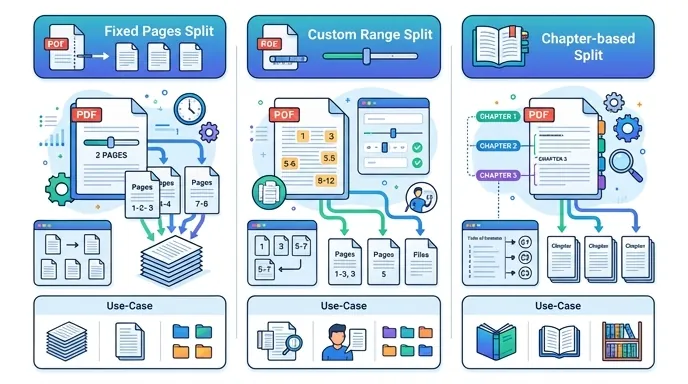 Side-by-side comparison chart of three PDF split modes: fixed pages, custom range, and chapter-based