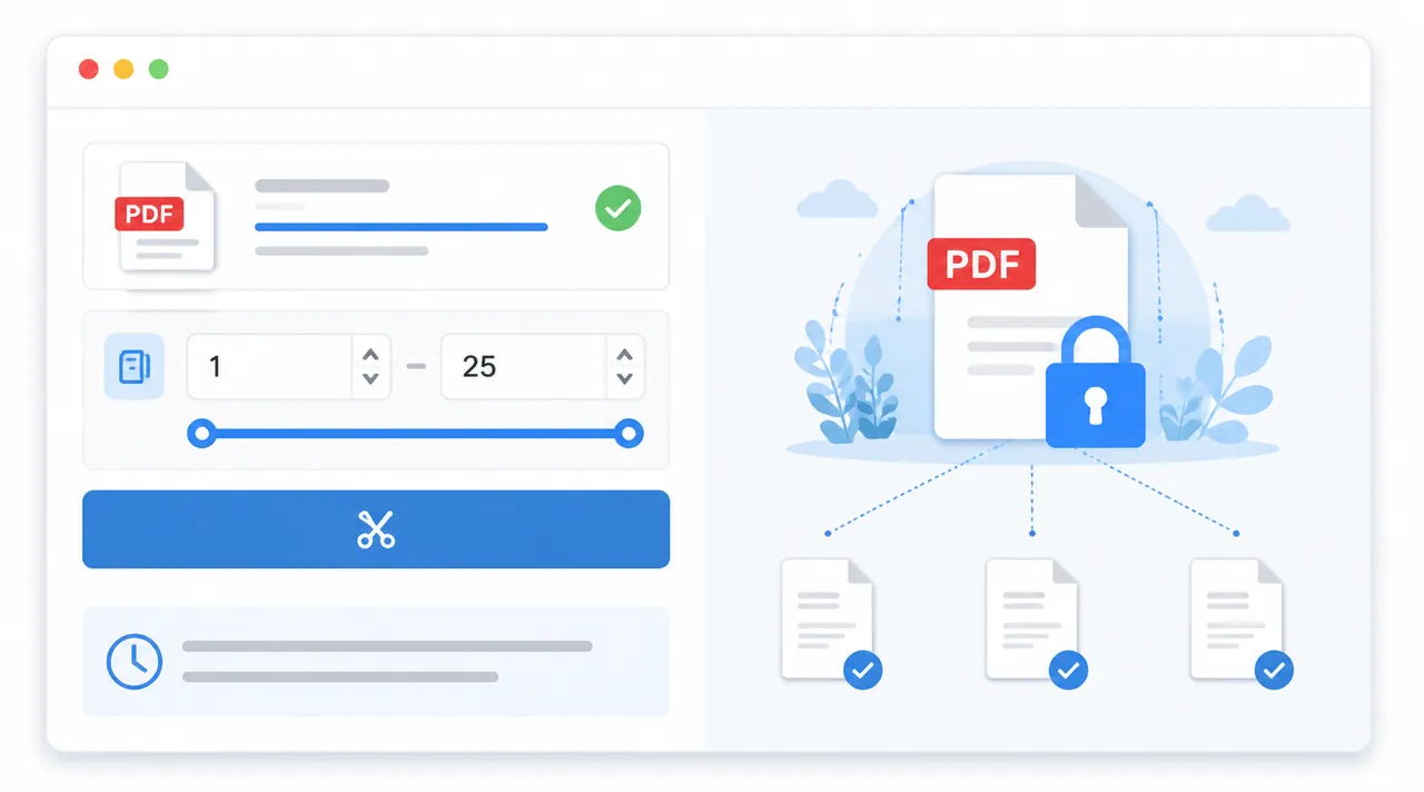 Local PDF split interface mockup showing file loaded, page range selection, split button, and a lock