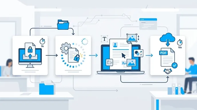 Infographic showing locked PDF editing workflow: upload restricted PDF, remove editing restriction,