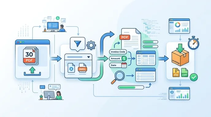 Step-by-step financial invoice workflow diagram showing batch upload of 30 PDF invoices, XML format