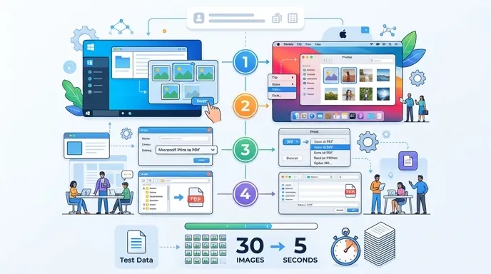 Infographic showing Windows and Mac image to PDF conversion via virtual print, with steps select ima