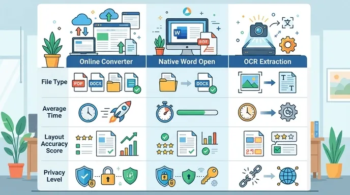Infographic comparing 3 PDF to Word methods: online converter, native Word open, OCR extraction. Sho