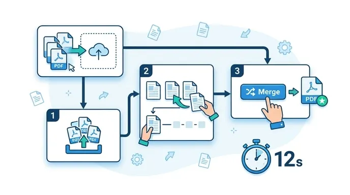 Infographic flowchart for merging PDF files in 3 steps: upload multiple PDFs, drag to reorder pages,
