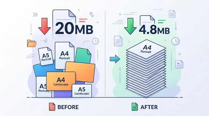 Before-and-after comparison chart of merged PDF page sizes, showing mixed A4 A5 landscape portrait p
