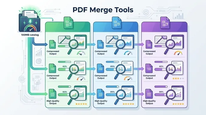 Data comparison infographic showing PDF merge quality test across 3 tools, original 100MB catalog ve