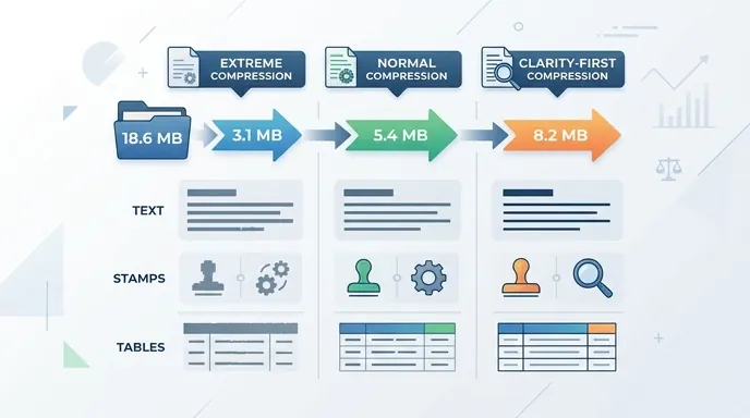 Infographic comparing three PDF compression modes: extreme, normal, and clarity-first, with file siz