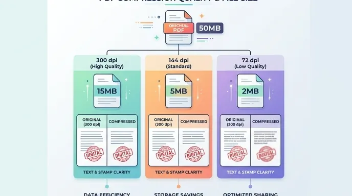 Data comparison chart for one 50MB PDF compressed at 300dpi, 144dpi, and 72dpi, showing resulting fi