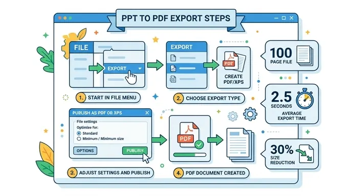 Infographic showing PPT to PDF export steps in office software, with menu path File > Export > Creat