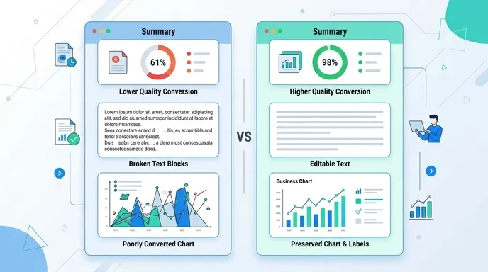 Side by side comparison chart of PDF to PPT conversion quality, showing editable text rate 61 percen
