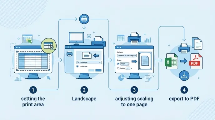 Infographic showing Excel to PDF workflow: set print area, choose landscape, adjust scaling to one p