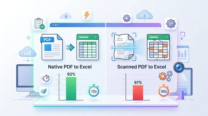 Comparison chart of native PDF vs scanned PDF to Excel conversion accuracy, with bars showing 92% an