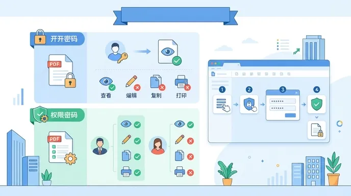 Clean infographic in Chinese office style showing two PDF protection types: open password and permis