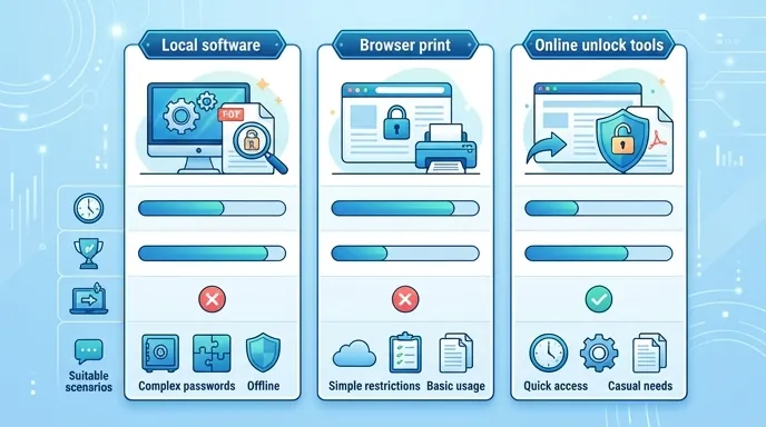 Data comparison chart of three PDF restriction removal methods: local brute-force software, browser