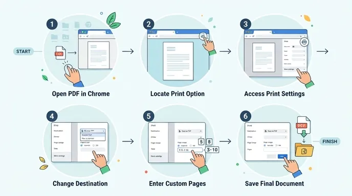 Step-by-step office workflow infographic showing opening a PDF in Chrome browser, clicking print, se