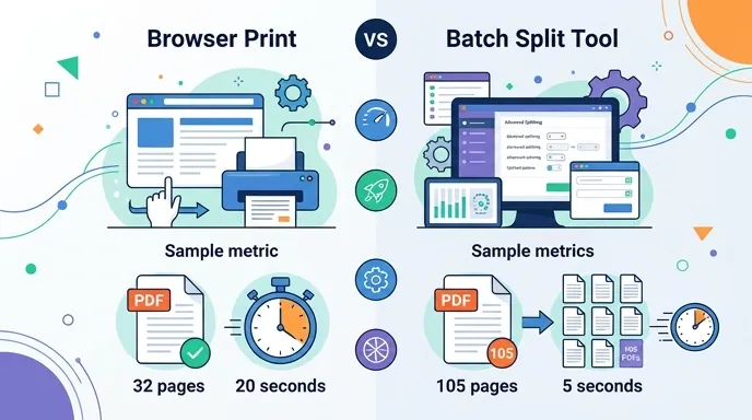 Data comparison chart for PDF split methods, showing browser print vs batch split tool, with sample 