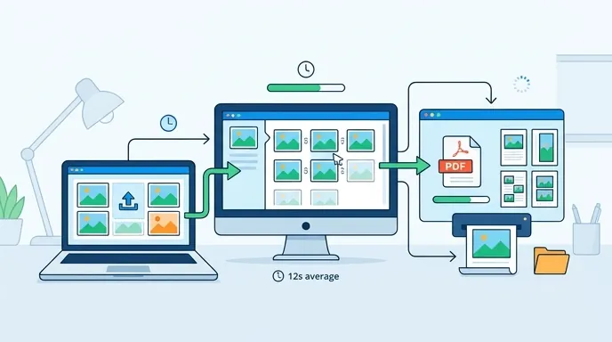 Workflow infographic for converting multiple images into one PDF on desktop, showing 3 steps: batch 