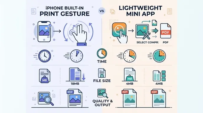 Comparison chart of mobile image-to-PDF methods, showing iPhone built-in print gesture vs lightweigh