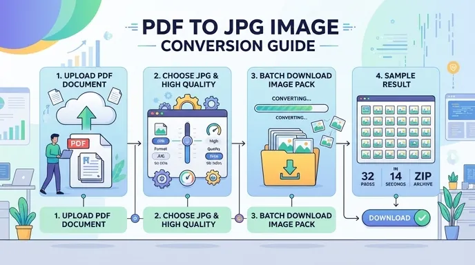 Step-by-step diagram of converting a multi-page PDF back into JPG images, showing upload PDF, choose