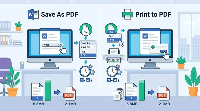 Infographic comparing two Word to PDF methods on desktop, Save As PDF vs Print to PDF, showing exact