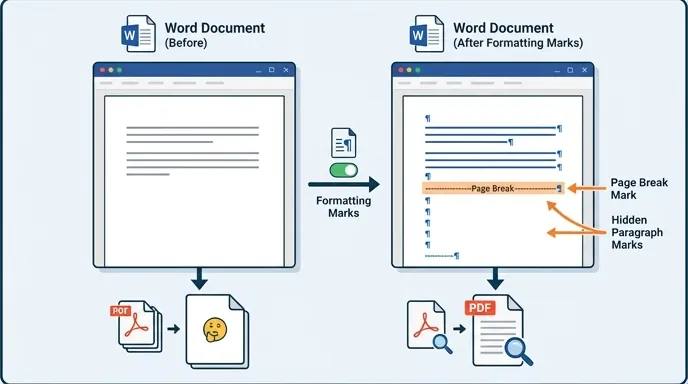 Side-by-side comparison of a Word document before and after enabling formatting marks, highlighting 