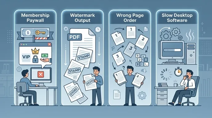 Infographic of common PDF merge pain points in office work: membership paywall, watermark output, wr