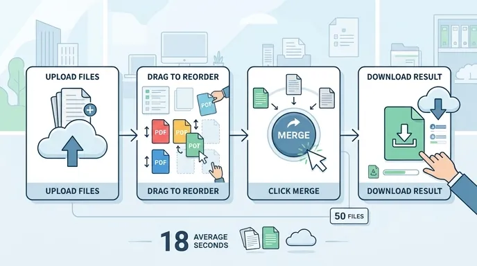 Step-by-step workflow chart for merging PDF files online with four nodes: upload files, drag to reor