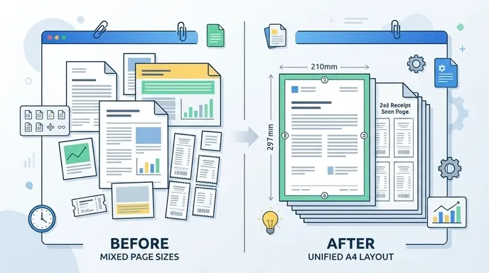 Before-and-after comparison of merged PDF page sizes: mixed portrait and landscape pages versus unif