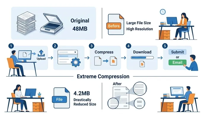 Infographic comparing PDF compression results: original 48MB scanned document reduced to 4.2MB after