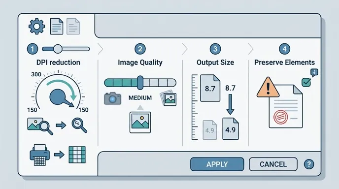 Step-by-step settings panel mockup for precise PDF compression, showing DPI reduced from 300 to 150,