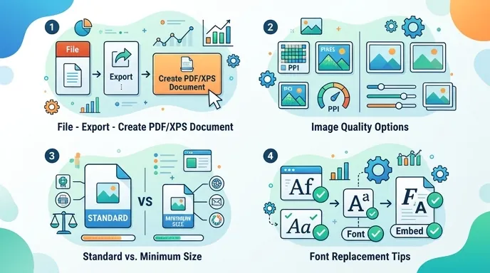 Infographic showing PPT to PDF export settings, including file-export-create PDF path, image quality