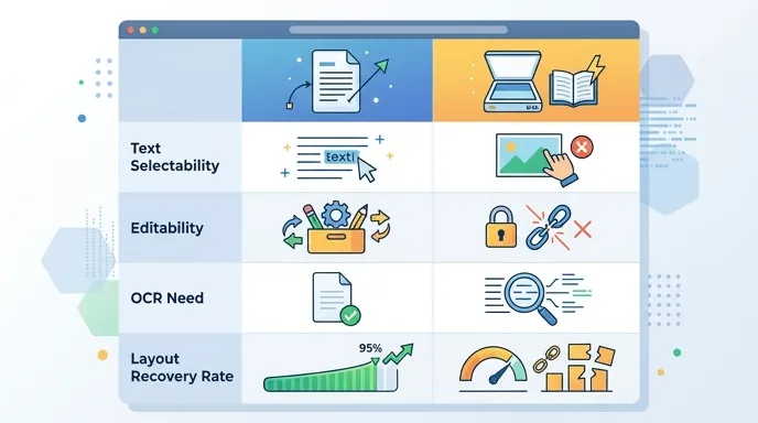 Comparison chart of native PDF vs scanned PDF for PPT conversion, showing editability, OCR need, lay