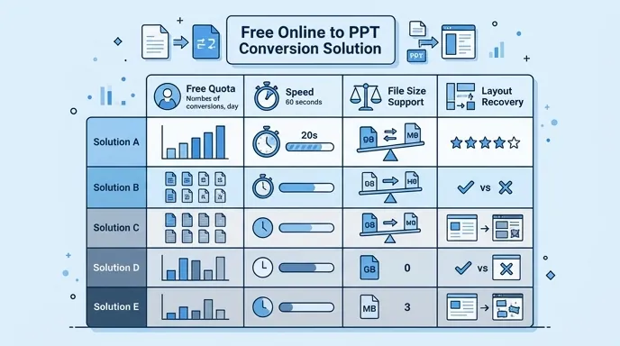 Data table style infographic comparing free online PDF to PPT solutions by free quota, speed in seco