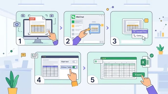 A clean infographic showing WeChat desktop PDF table extraction steps: screenshot, send to chat, cli