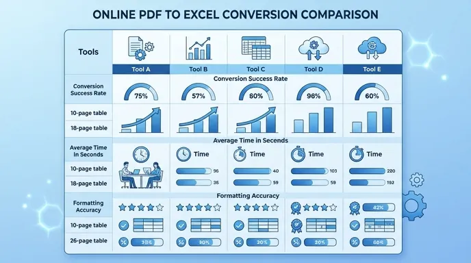 A data comparison chart of 5 online PDF to Excel tools showing conversion success rate, average time