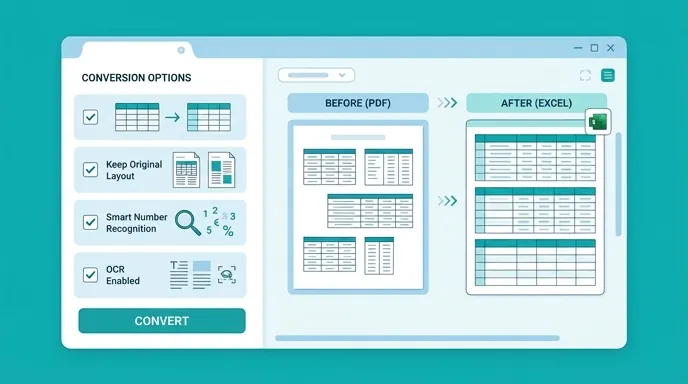A software settings mockup for PDF to Excel conversion highlighting checkboxes: preserve table struc