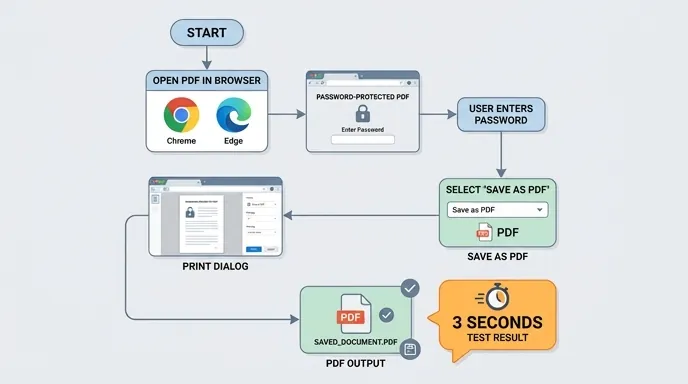 A clean office-style flowchart showing password-protected PDF opened in browser, then print dialog, 