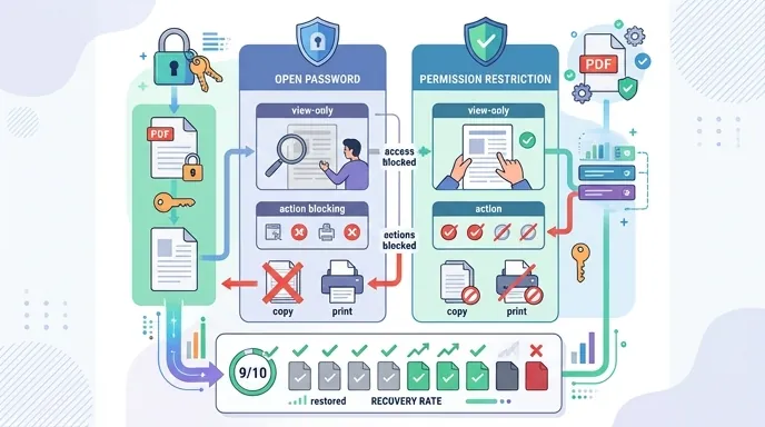 A side-by-side comparison infographic of two PDF protection types: open password lock versus permiss
