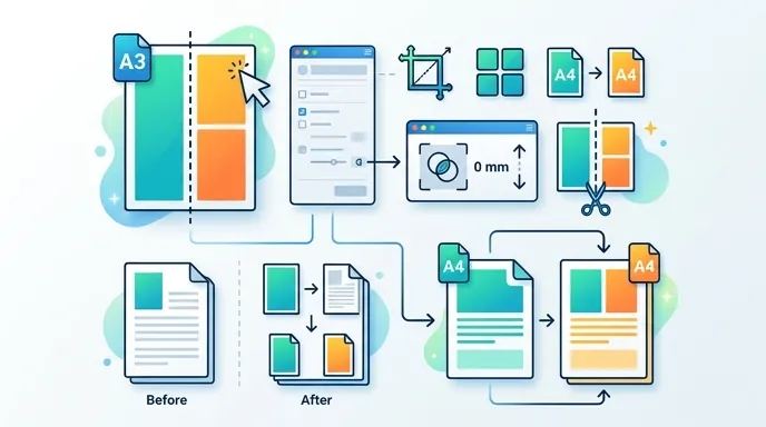 Infographic showing how one A3 PDF page is split into two A4 pages, with visual center line cut, set