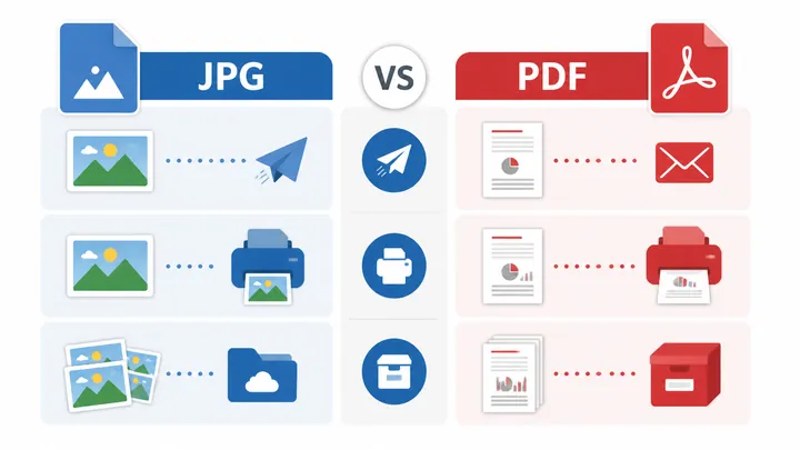 Clean infographic comparing JPG photos and PDF documents for sending, printing, and archiving. Show