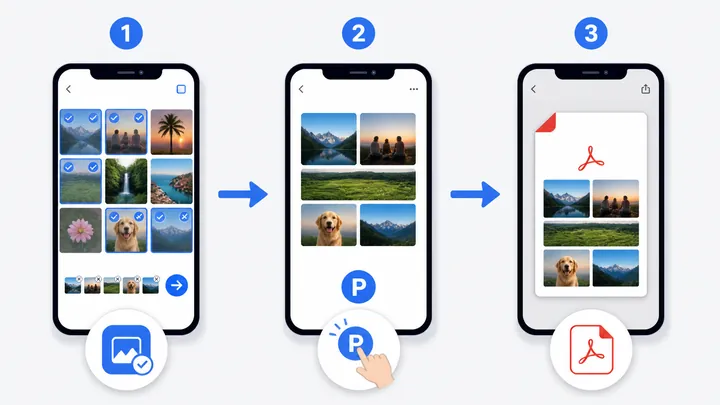 Step-by-step mobile tutorial flowchart for converting photos to PDF in 3 steps: select photos, tap p