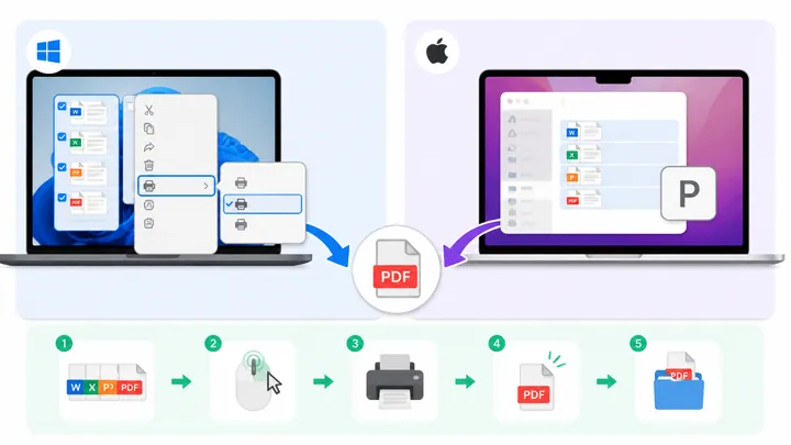 Desktop batch conversion guide showing Windows right-click Print to Microsoft Print to PDF and Mac P