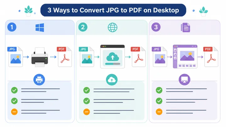 A 720x400 infographic comparing three JPG to PDF methods on desktop: Windows Print to PDF, online co
