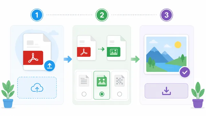 A 720x400 mobile workflow illustration showing PDF to JPG conversion: upload PDF, select JPG output,