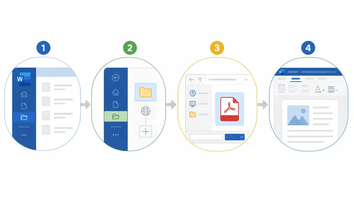 Step-by-step infographic showing Microsoft Word built-in PDF opening process, four nodes: File, Open