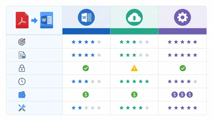 Comparison table infographic for three PDF to Word methods: Word built-in, online converter, profess