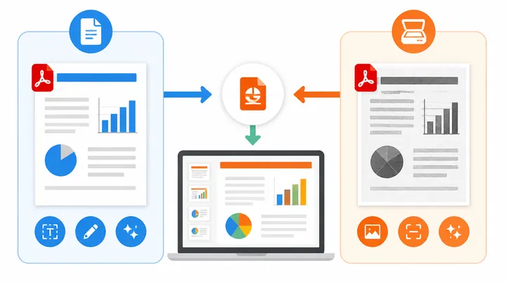 A clean 720x400 infographic comparing text-based PDF and scanned PDF to PPT conversion, showing edit