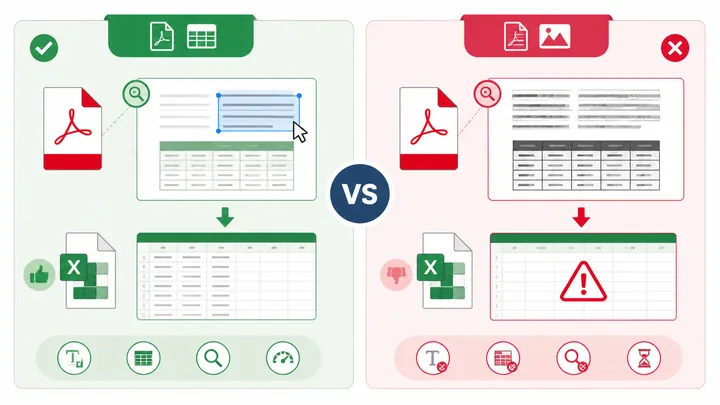 Infographic comparing text-based PDF and scanned PDF for Excel conversion, showing selectable text v